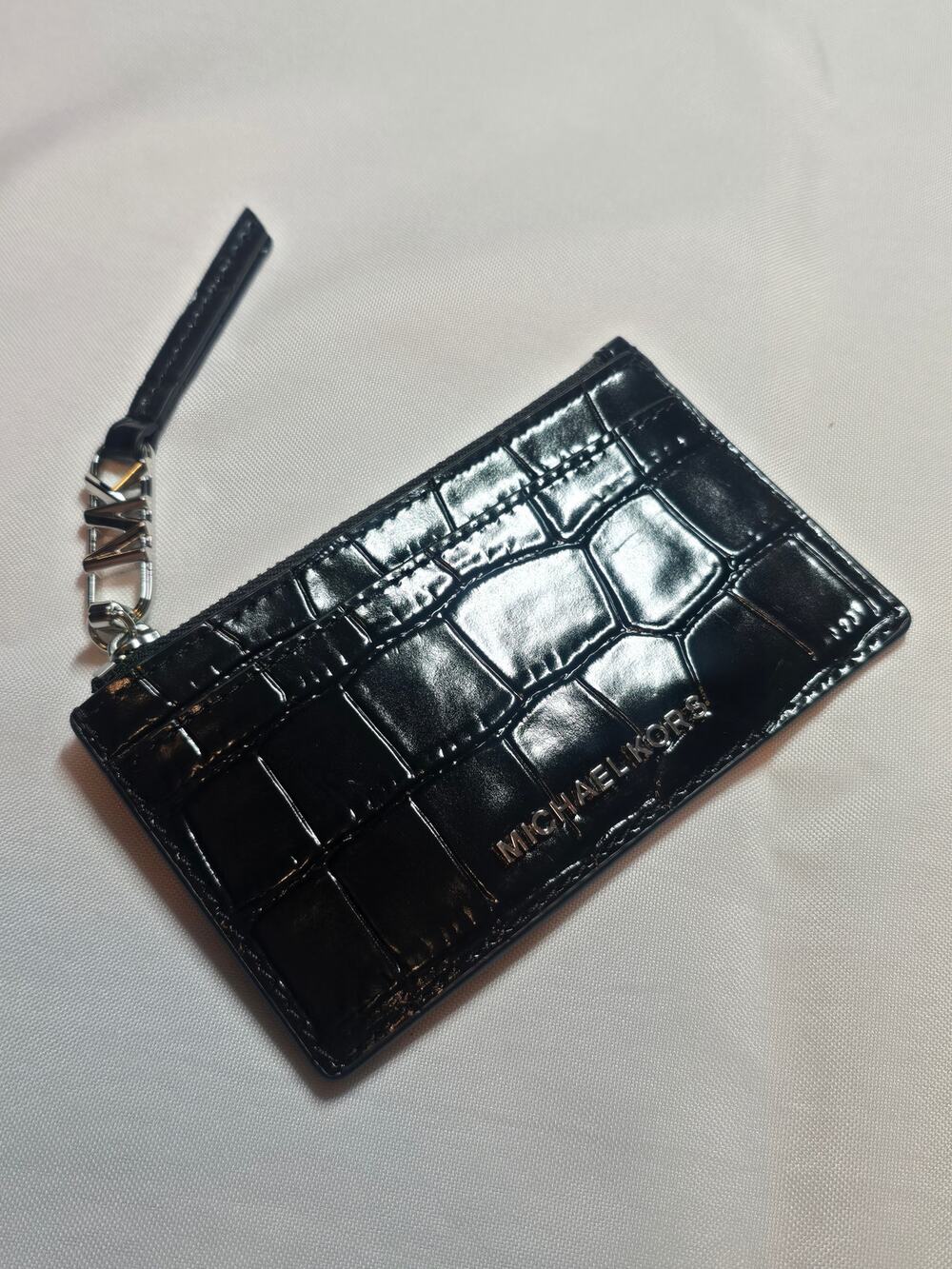 Michael Kors Empire Crocodile Embossed Leather Zip Card Case Black